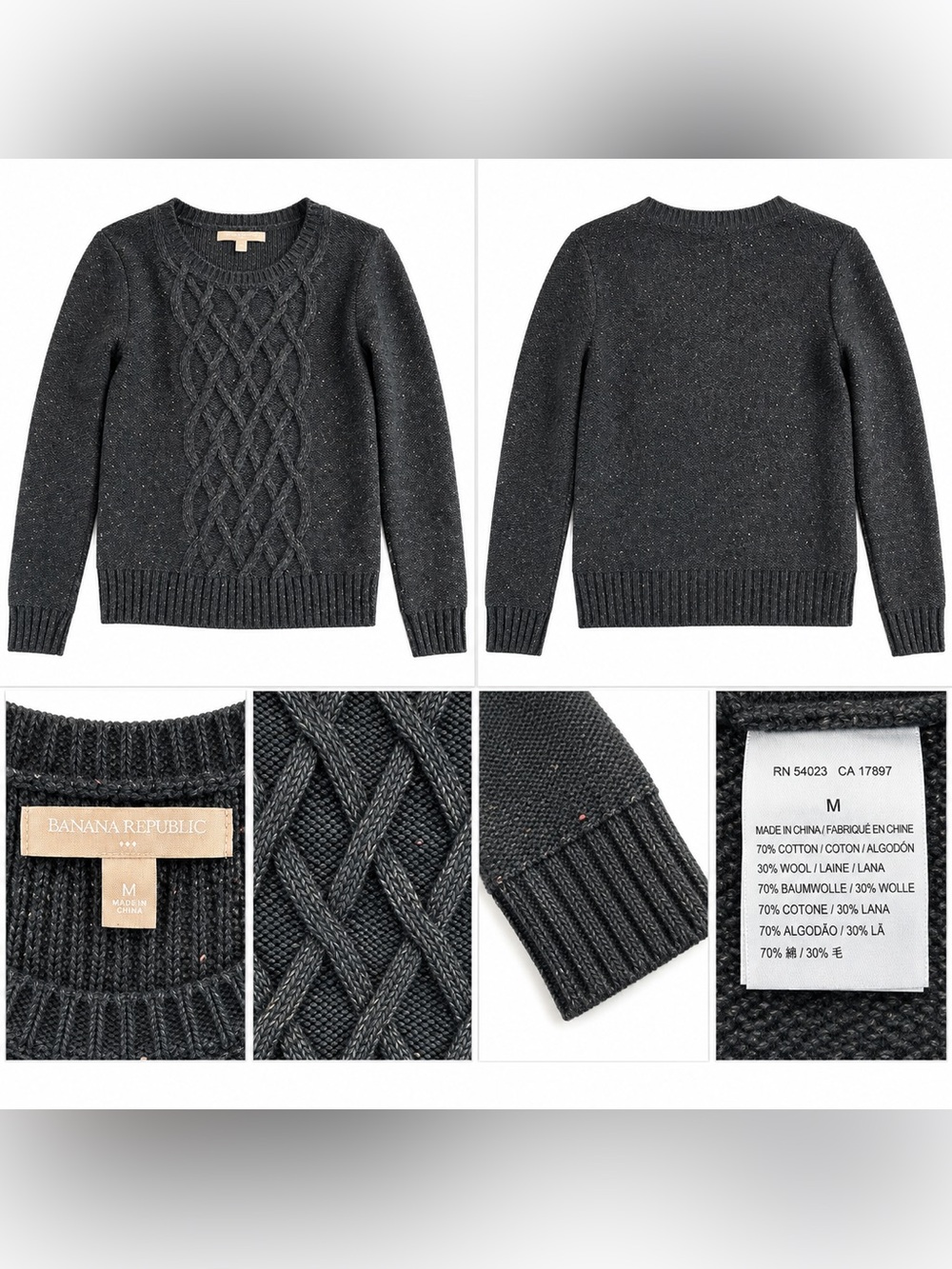 Banana Republic Women’s M Black Cable Knit Sweater Cotton Wool Crewneck
